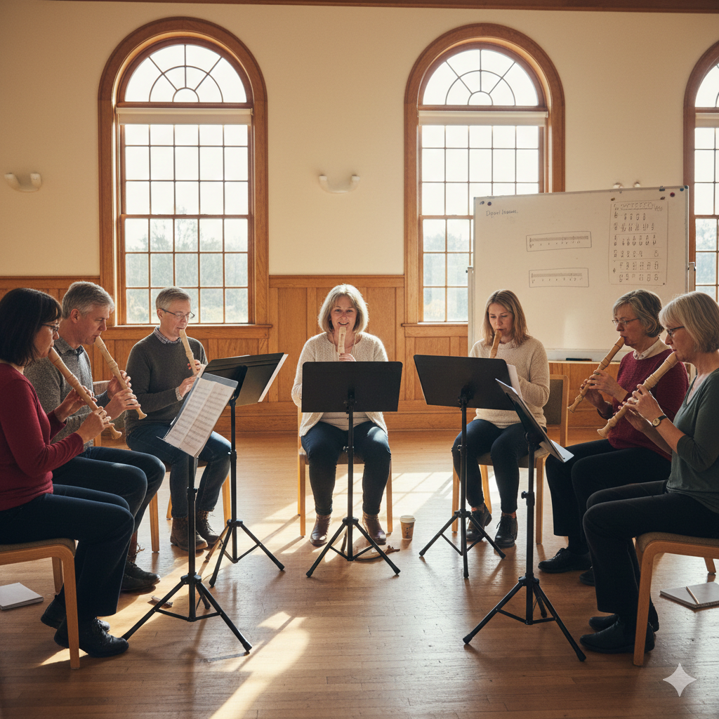 AI gegenereerd plaatje van een blokfluit les